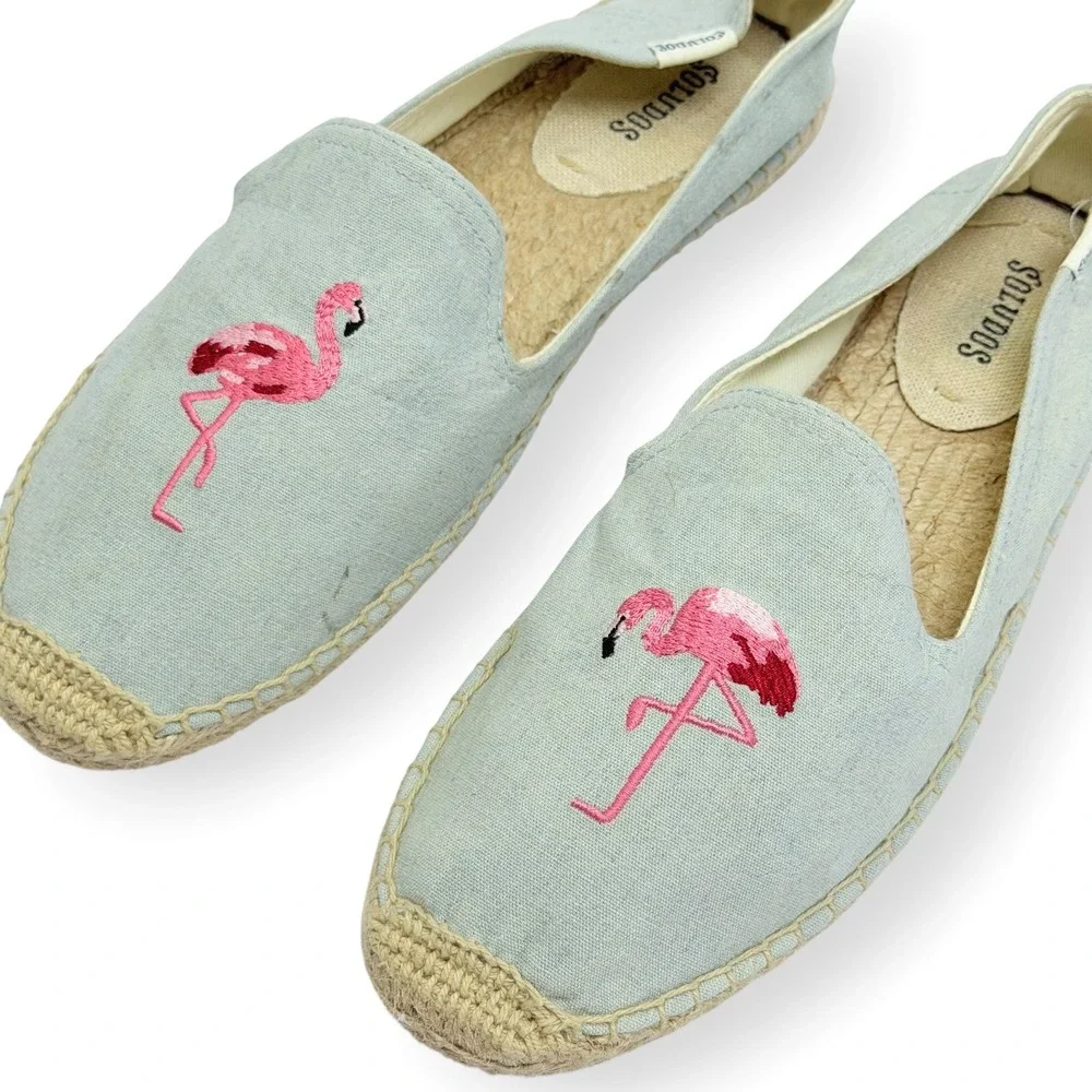 Soludos Flamingo Platform Espadrille Slip Ln Shoes Sz 8.5 Embroidered Summer